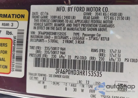 2017 Ford Fusion Se z USA, uszkodzony, nr VIN 3FA6P0HD3HR153535